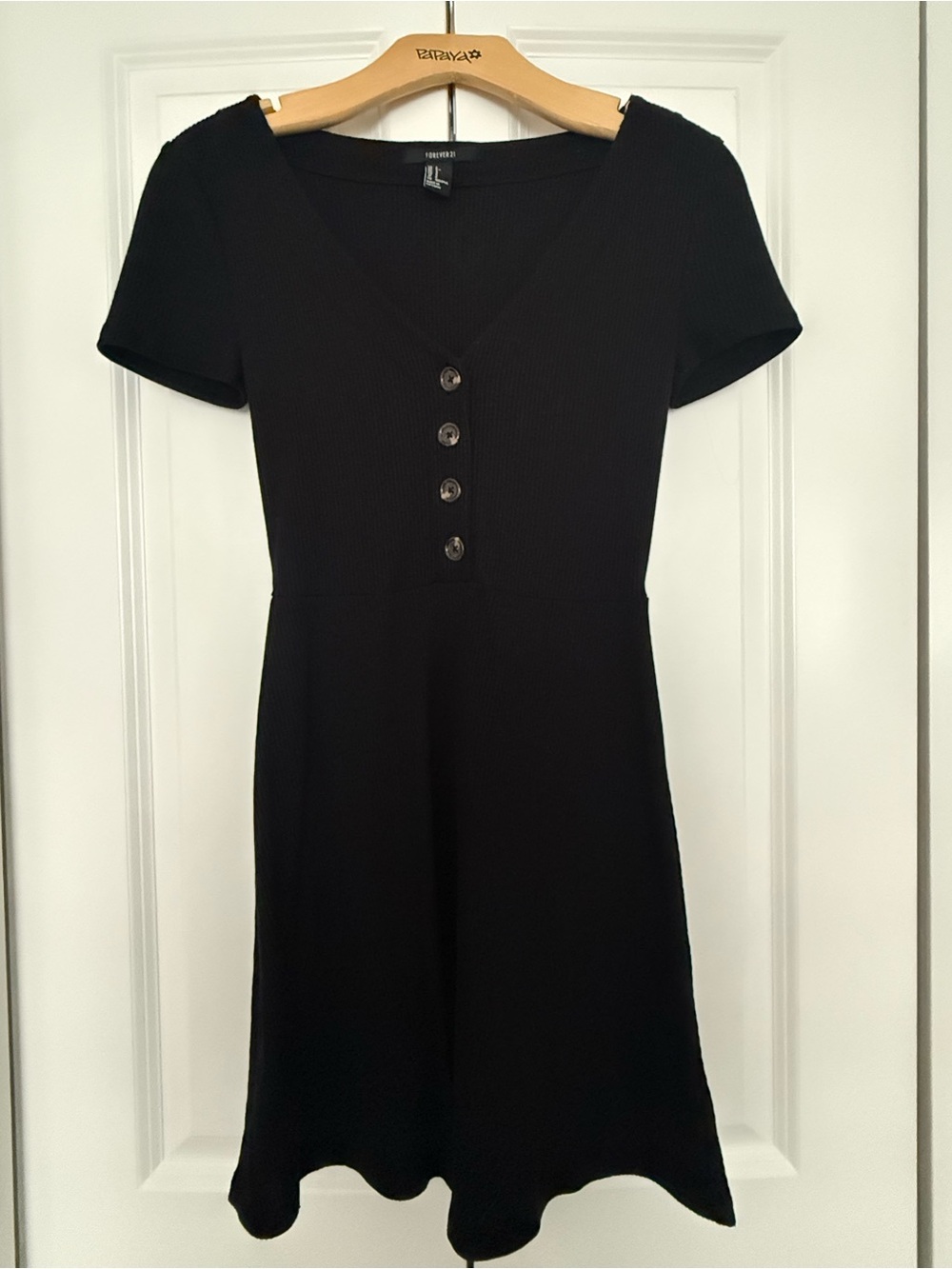 Black Short-Sleeve V-Neck Mini Dress with Front Buttons